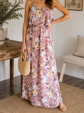 Miley + Molly Floral Maxi Dress L Pink Ruffle Overlay Boho Spaghetti Strap